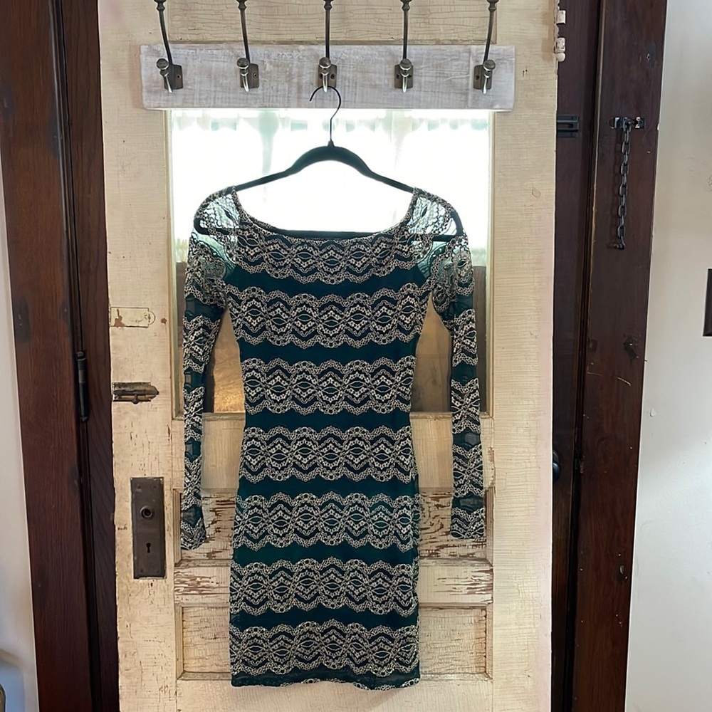 Gianni Binni Emerald and Gold Laced Off the Shoulder Mini Dress